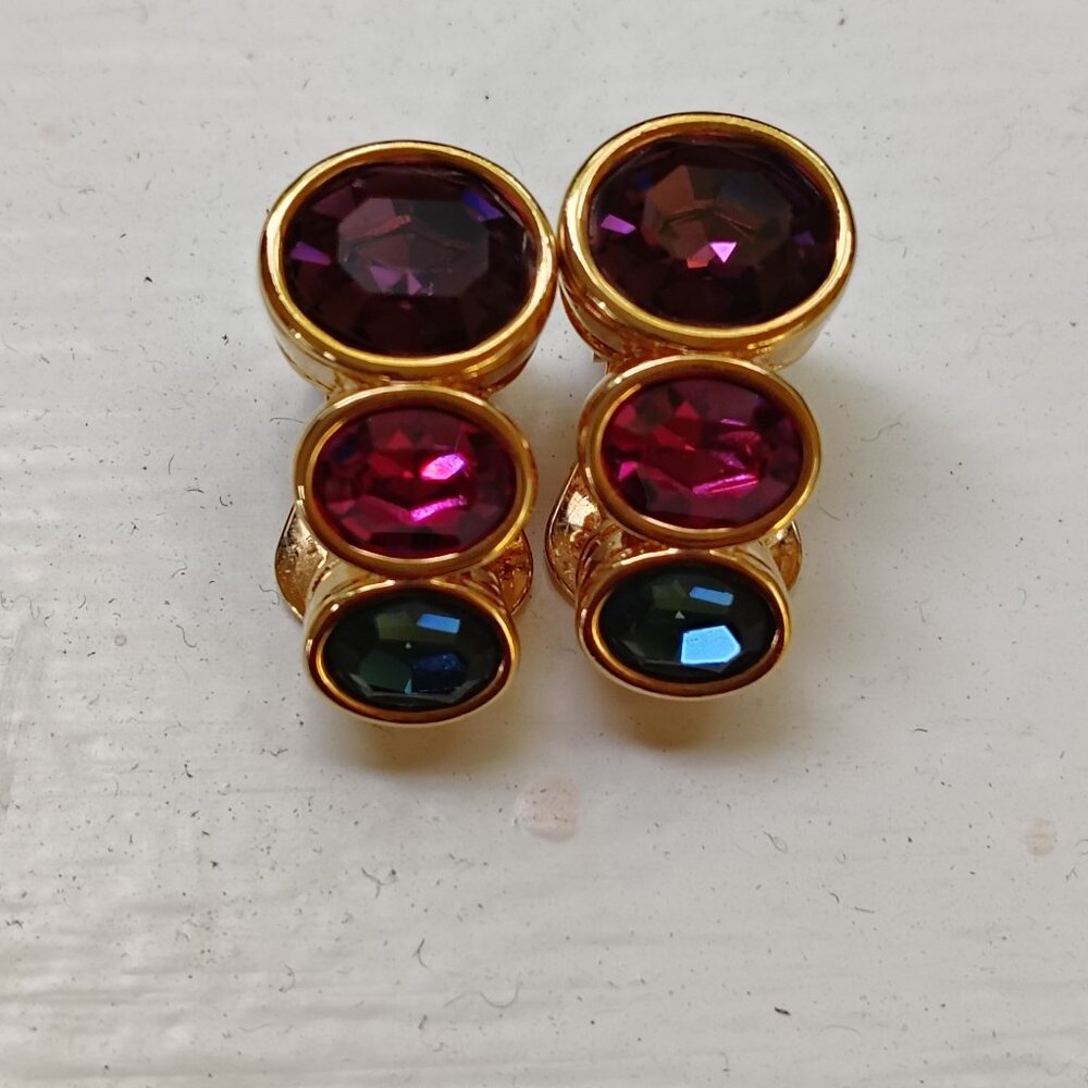 Nolan Miller signed vintage  multicolored bezel crystal gold drop clip earrings